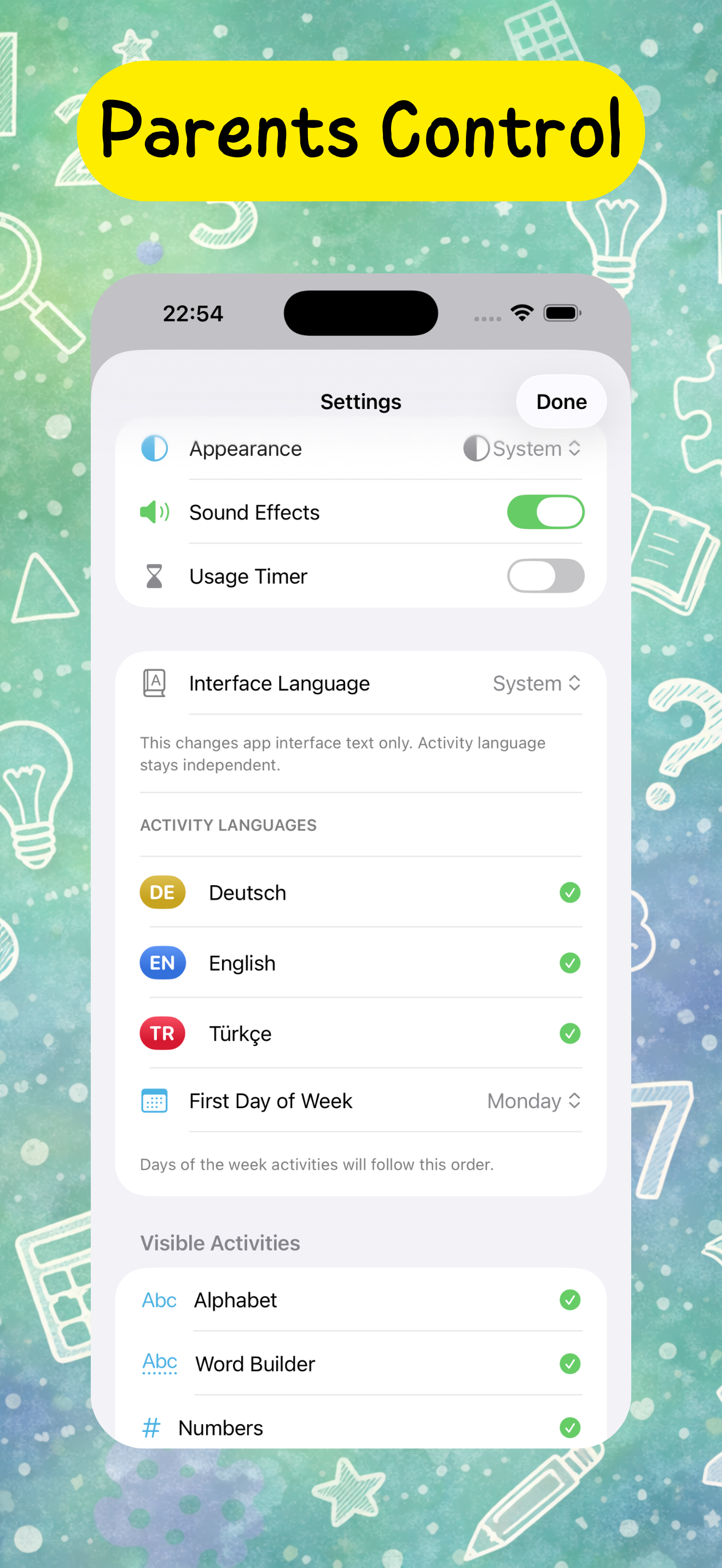 AnLi Kids screenshot showing parent settings and language controls