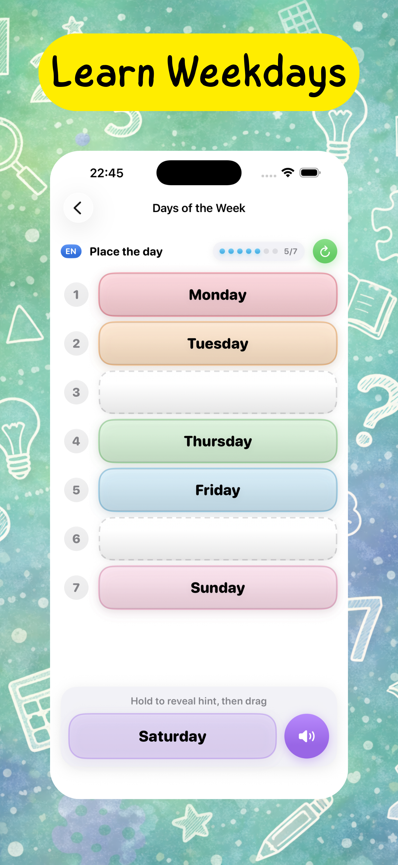 AnLi Kids screenshot showing the weekdays activity