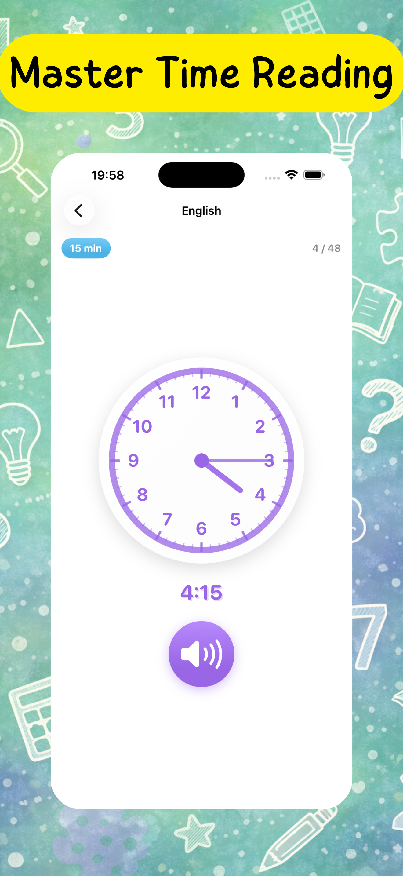 AnLi Kids screenshot showing a time reading exercise
