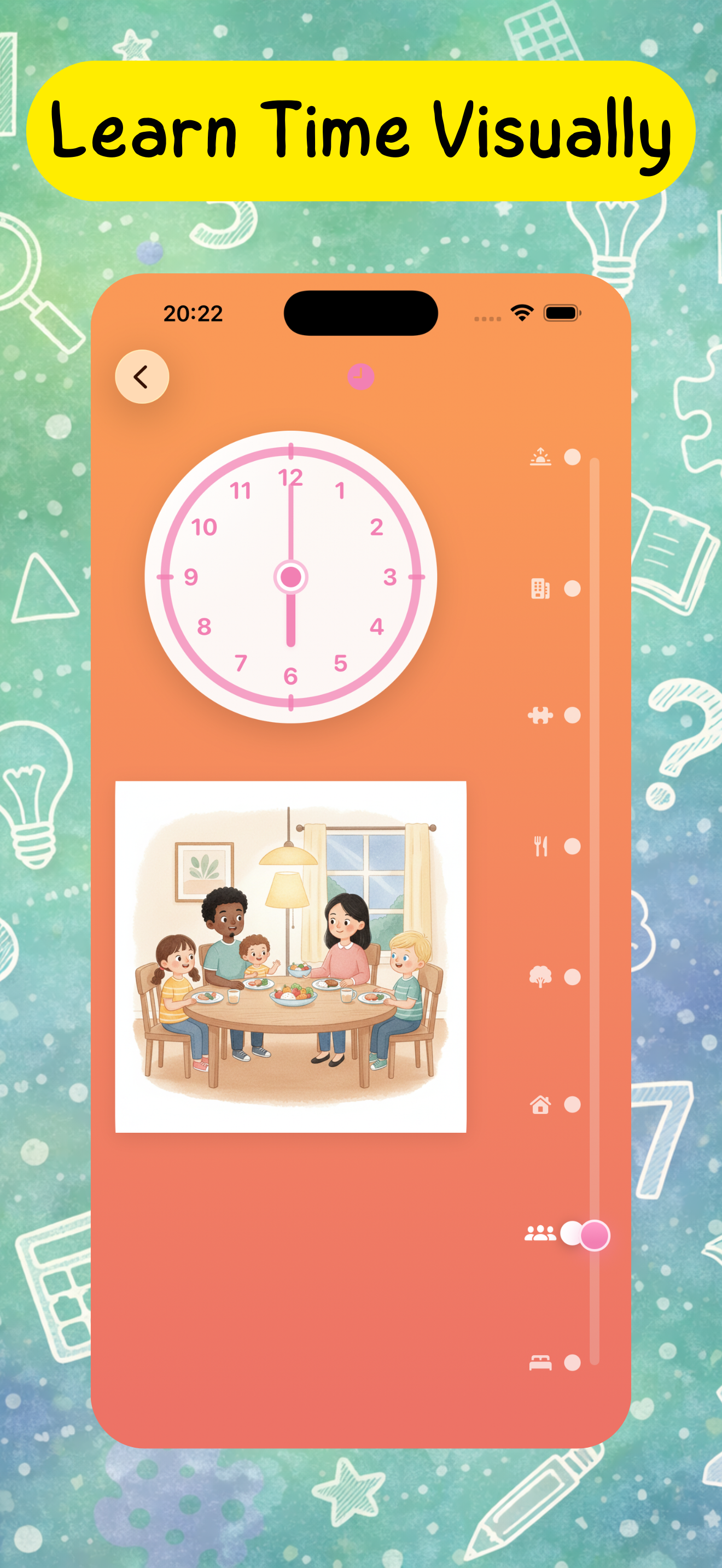 AnLi Kids screenshot showing visual time learning with a daily scene