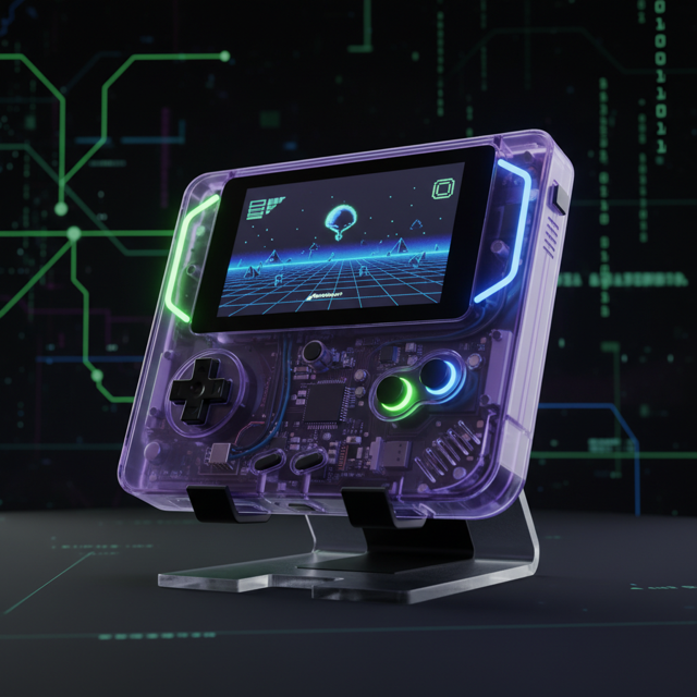 Futuristic museum rendering of a translucent pocket game console
