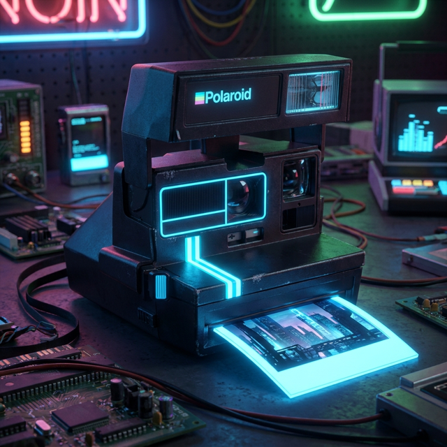 Futuristic museum rendering of an instant camera